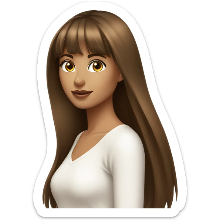 beautiful woman, tan skin, hazel eyes, straight long brown hair, bangs, model, white top sticker