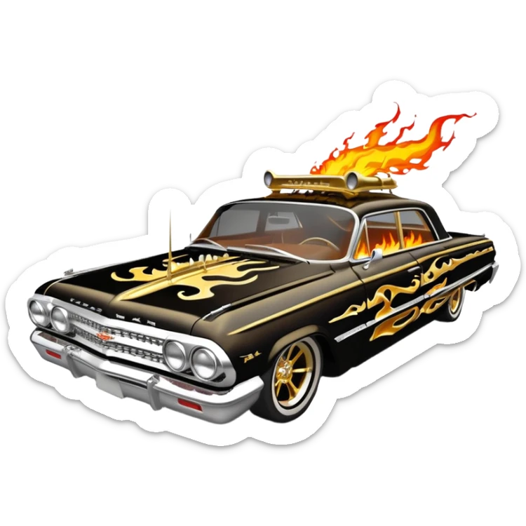 Hot rod custom 1964 impala low rider four door Anubis theme painted hood flaming side-pipes sticker
