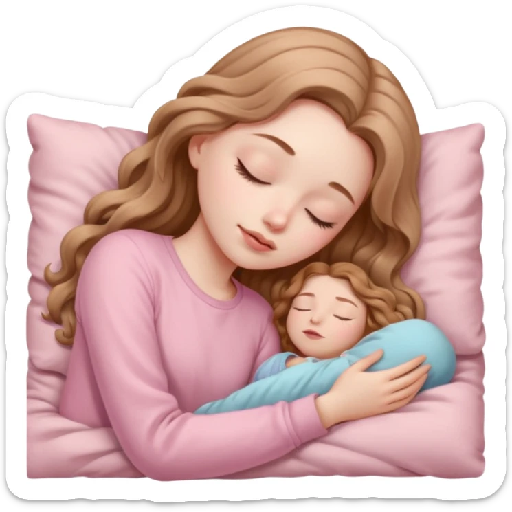 one girl with pale skin and long wavy light brown hair in light pink clothes sleeping alone sticker