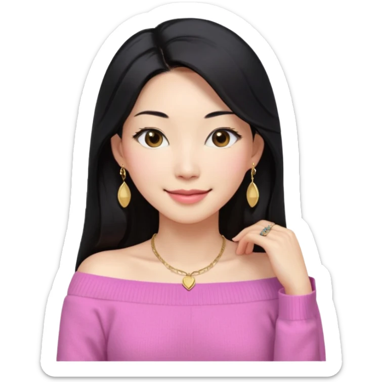 South Korean girl in her mid-thirties with long black hair parted in the middle. She is wearing a pink, off the shoulder long sleeve knit sweater, extra small gold earrings and a gold necklace. She has brown eyes with narrow, mono lid shape and smiling with lips together sticker