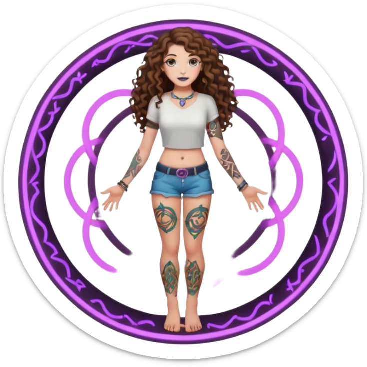 full body view of a woman with long curly brown hair, brown eyes, white skin, tattoos, standing in a magic circle on the ground, neon symbols around her feet sticker