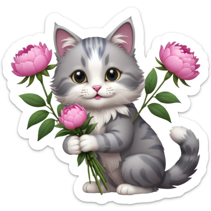 Cute cat Handing pink peonies like reaching a hand and handing them out a bouquet of them not a physical hand the cats hand  make the cat fluffy and grey and white fluffier fluffier  sticker