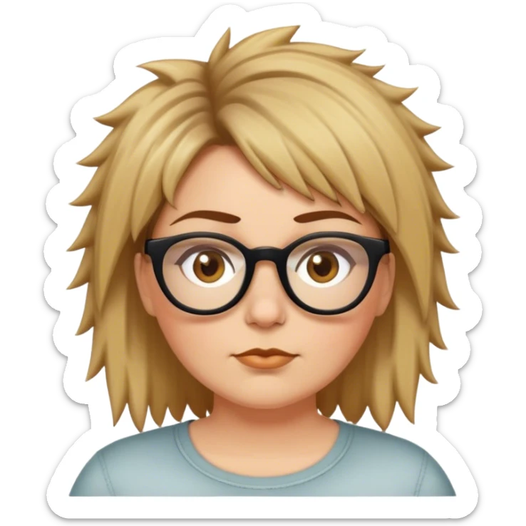  plus size white women with short medium brown and blonde shaggy spiked hair wearing glasses with hazel color eyes and flat nose sticker