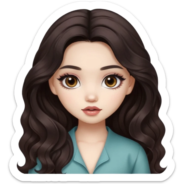 pale skin, girly bratz ASIAN vietnam baddie, beautiful dark brown eyes, pretty makeup, long dark to light ombré wavy hair sticker