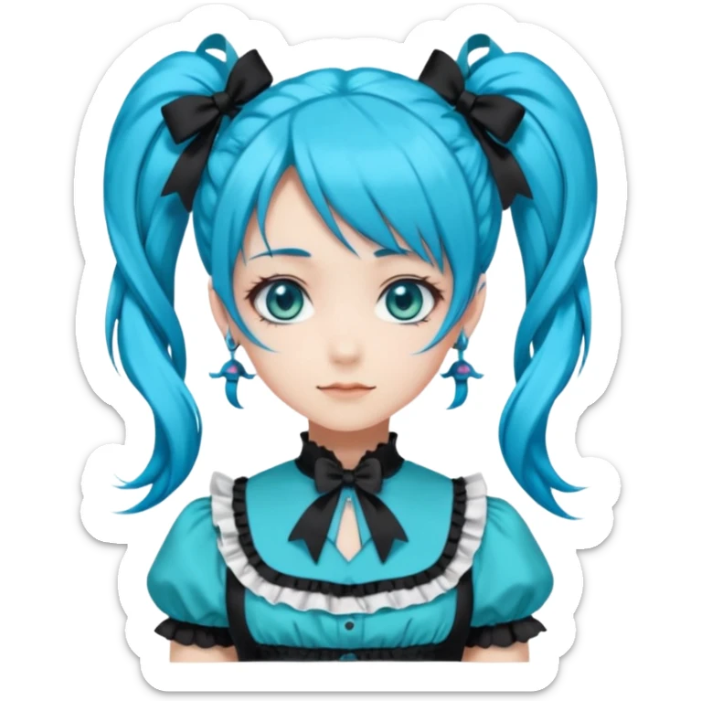 anime-style female character with bright turquoise hair styled in twin tails and matching blue eyes. Her outfit is a frilly turquoise and black dress in a Lolita-esque style, heavily contrasted with black ribbons and trim. A key detail is the"AWP" logo printed in black on the chest. happy variant sticker