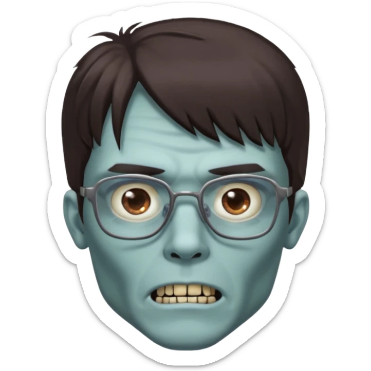 an emoji of a male zombie with dark brown hair and bangs that cover your entire forehead and extend to your eyebrows, wearing square, bluish glasses. sticker