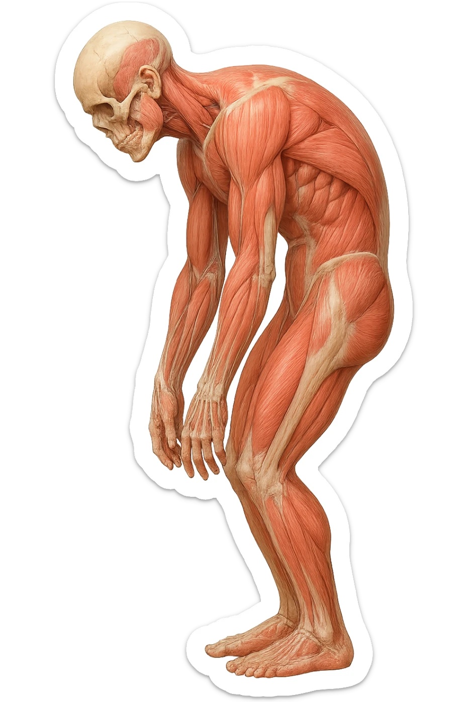 corpo umano anatomico realistico curvo con la schiena e le spalle in avanti, postura delle spalle chiuse, isolato su sfondo bianco sticker