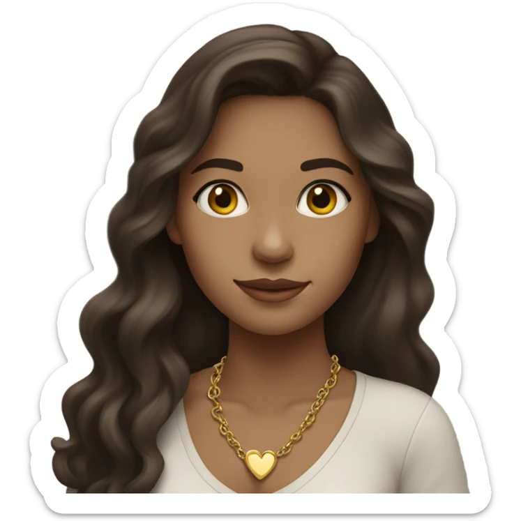 Brunette girl with long hair wavy wearing gold heart necklace light skin sticker