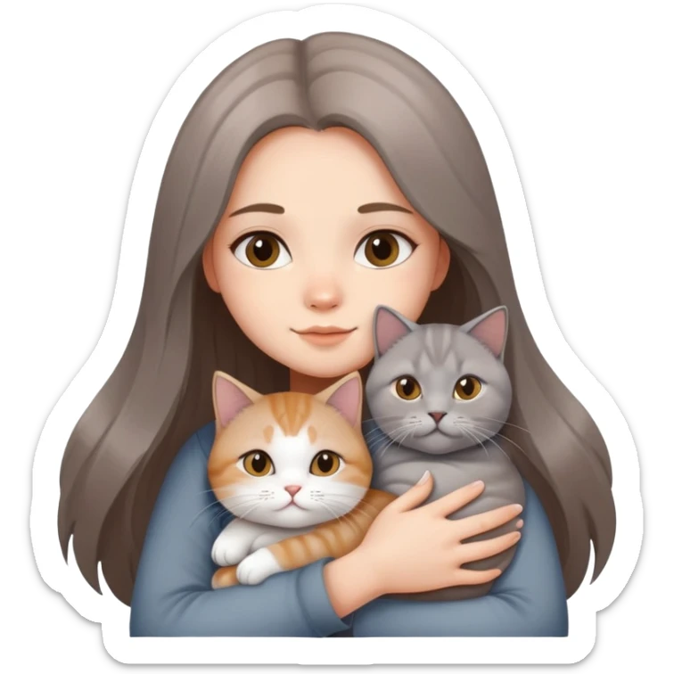 A long-haired girl hugs a British shorthair cat with a brown and white gradient sticker