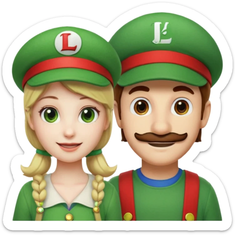 blonde female Luigi (with the Luigi green hat with an L on it) and a normal brown hair male Mario with the red hat with a (M) on it. They are friends just smiling. think video game sticker