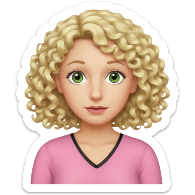 a woman in her late 40s and has greyish greenish eyes and blonde curly hair wearing a pink top  triangle nose sticker