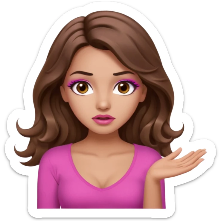 girl with long wavy brown hair, brown eyes, long lashes makeup, sexy pink lips, light to medium complexion, pink sexy top, shrugging with both hands, confused sticker