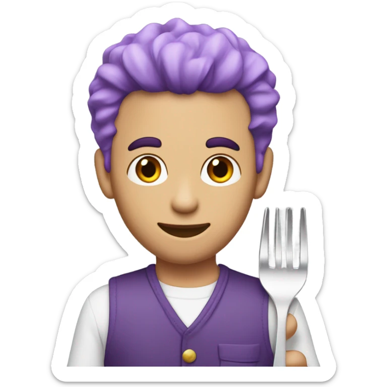 A peach skinned man  with purple hair and he has a jumpsuit that has the number white 230 on his jumpsuit and he is holding a fork and the color of the fork is half red half gray sticker