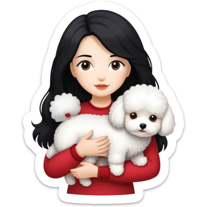 woman with long black hair holding white fluffy Bichon Frise dog sticker