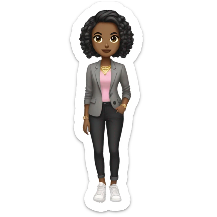 Light brown girl with black low bun, gold bracelet, gold rings, gold nose ring, gold rings, with a gray shirt, a blazer, plaid pants, and white sneakers, and dark brown eyes, and pink lips  sticker