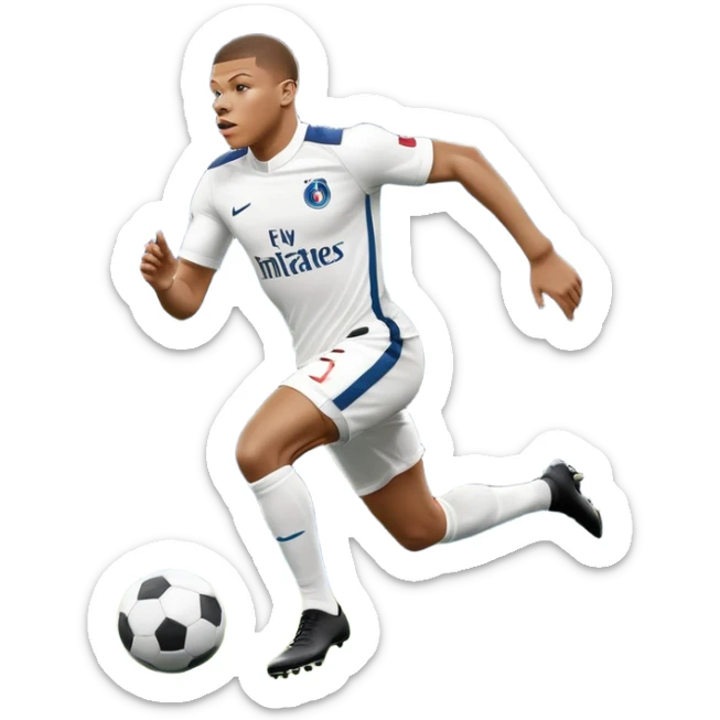 An icon showing Kylian Mbappé running with the ball on a football field during a match. The design captures his speed and focus, with dynamic motion lines and a vibrant background of the field and stadium lights. Transparent background emphasizes the action. sticker