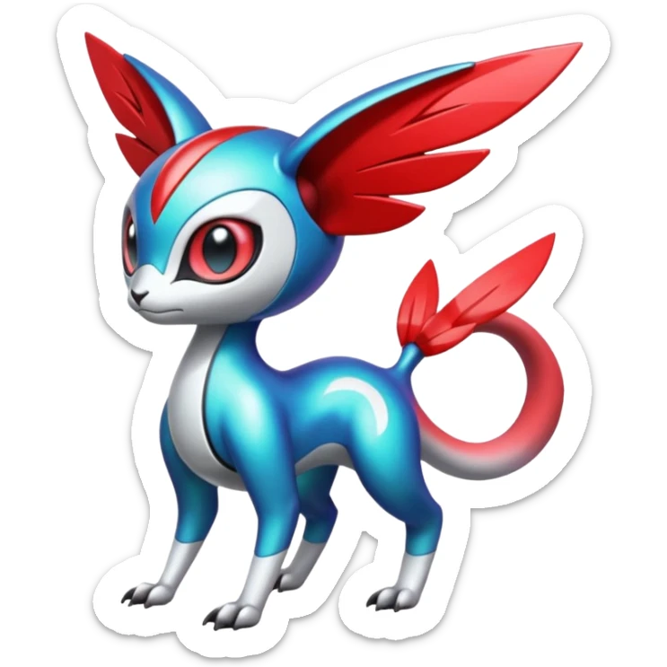 Shiny Colorful Futuristic Cyber-Vernid-Trico-Meloetta-Latias-Koraidon-Peppercat-Protogen-Pokémon-Digimon-Fakémon-fusion-hybrid-creature sticker