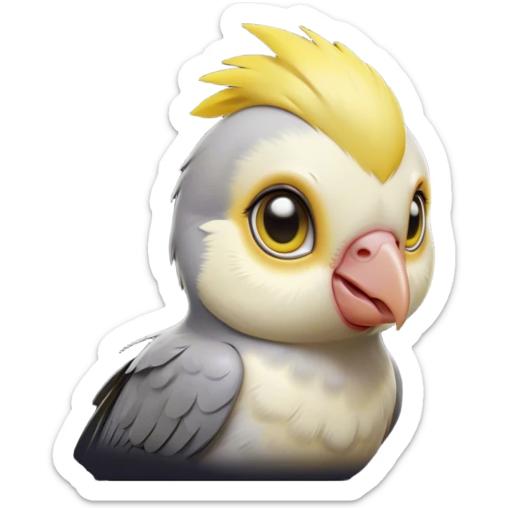 Cinematic Cute Cockatiel Portrait Emoji, Head tilted playfully and inquisitively, featuring a smooth grey fur with bright yellow accents and a perky crest, round, sparkling dark eyes filled with curiosity, Simplified yet irresistibly adorable features, highly detailed, glowing with a warm, friendly glow, high shine, affectionate and lively, stylized with a touch of whimsy, bright and endearing, soft glowing outline, capturing the essence of a mischievous yet loving cockatiel, so playful it feels like it could chirp out of the screen and into your arms! sticker