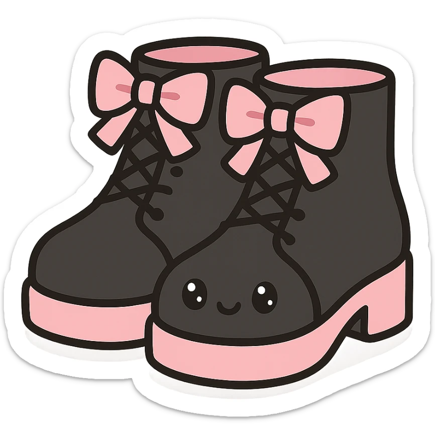 BLACKPINK-inspired gothic shoes, no hearts, black and pink, cute and stylish, kawaii style, lace-up ankle boots with ribbons, no socks sticker