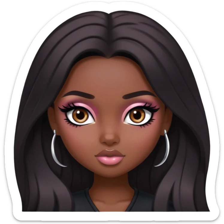  long dark hair, dark skin skin, dark brown eyes, pretty bratz baddie, black eyeliner, blush sticker