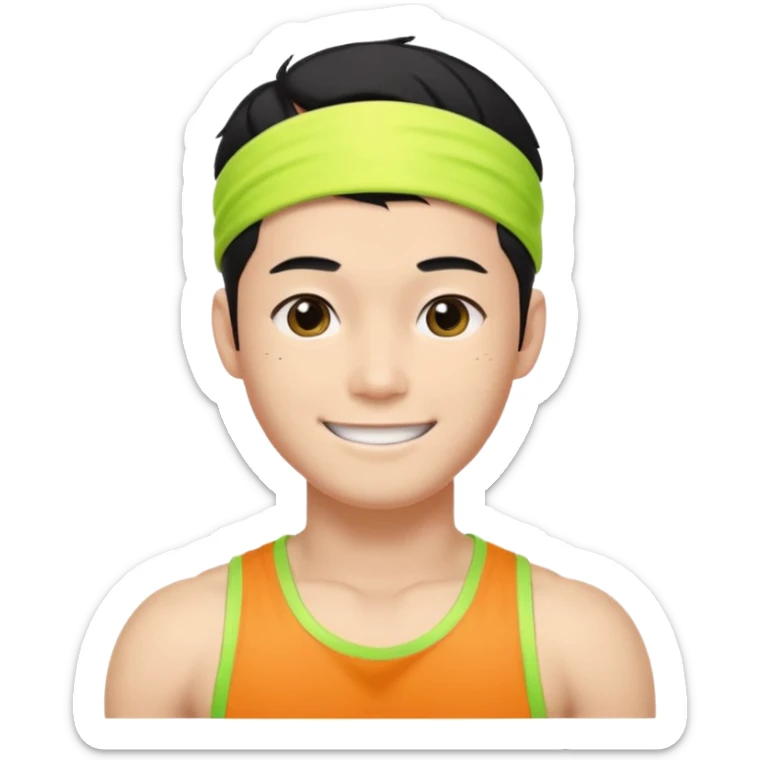 Korean 27-year-old male health coach / Wearing fluorescent colors / White face / Hairband / Smiling expression / Short black hair / Muscular body sticker