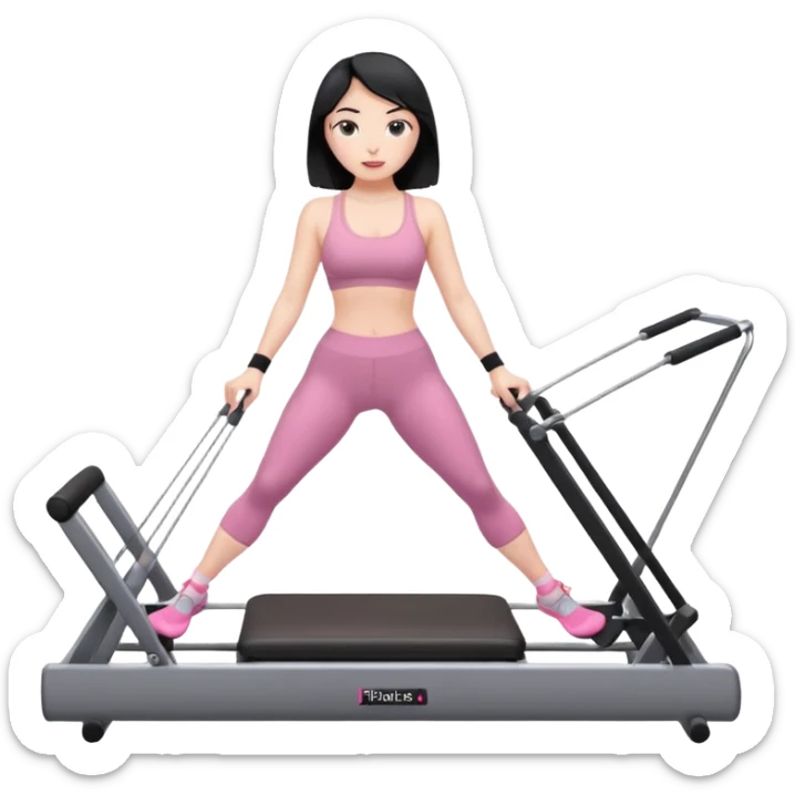 Create a Pilates emoji: a girl with fair skin and black hair, wearing a grey bra and leggings with pink socks, exercising on a pilates reformer and not looking at the camera sticker