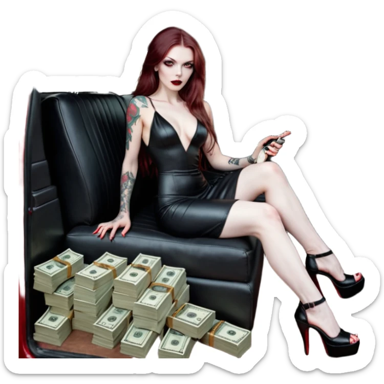 Lilith symbol red eye seductress evil long brown haired sexy succubus woman with leather long dress with slit, sitting in Big Large F350 pickup truck. Black Platform high heels on feet. Tattoo sleeve arms, seat full of stacks of cash, and a man dead human skull of her enemies and a gun in other hand sticker