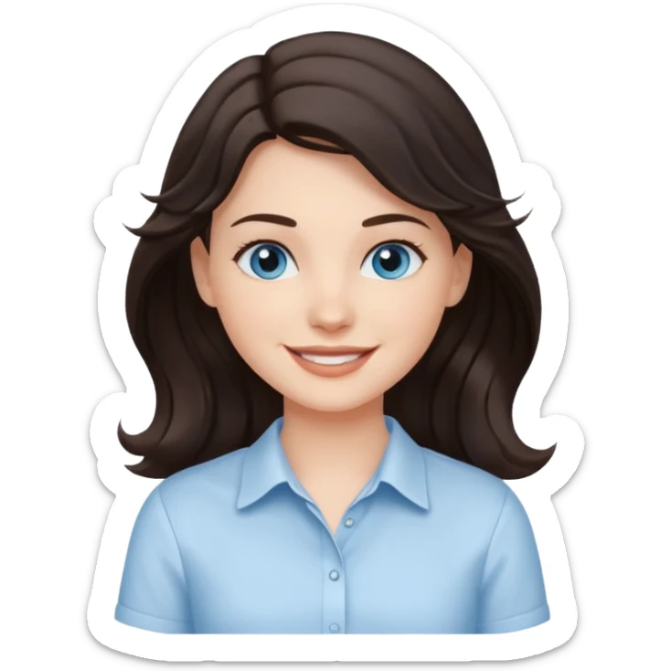 A White girl with wavy and dark hair, light blue eyes and a white shirt smiling sticker