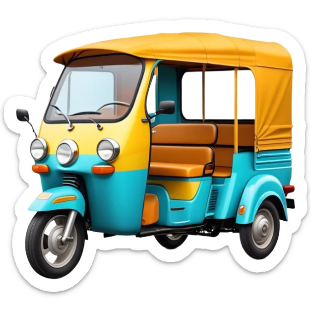 Cinematic Realistic Tuk Tuk Emoji, depicted as a vibrant iconic three-wheeled vehicle with bold colors and a compact design, rendered with crisp textures and dynamic urban lighting that captures its quintessential Thai charm. sticker