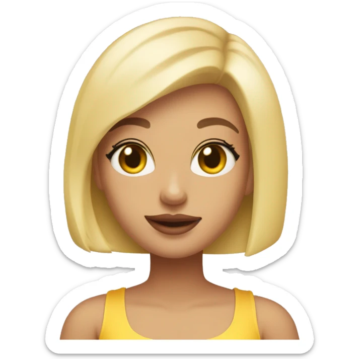 Girl with blonde bob cut in a mid part, olive eyes, pale pink lips, wearing a yellow tube top sticker