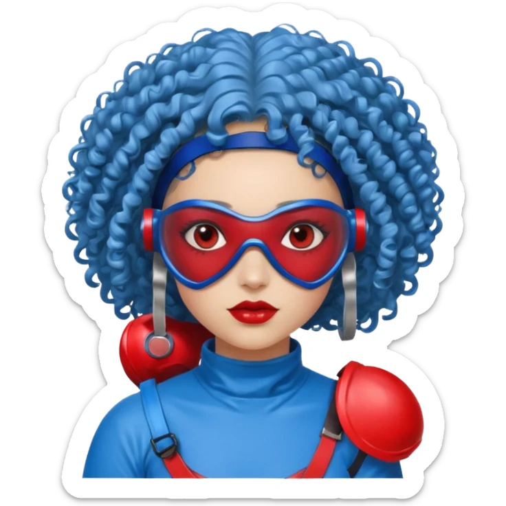blue curly haired girl with huge earrings, wearing red paintball helmet and eye protection, only face  sticker