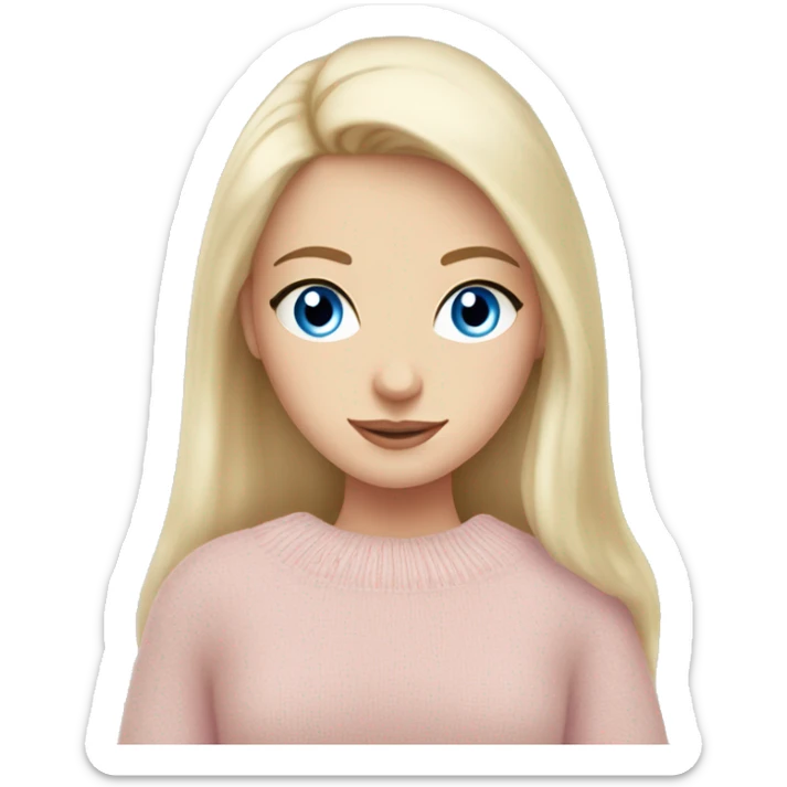 Pretty blue eyed white girl with light pink sweater reading cozy sticker