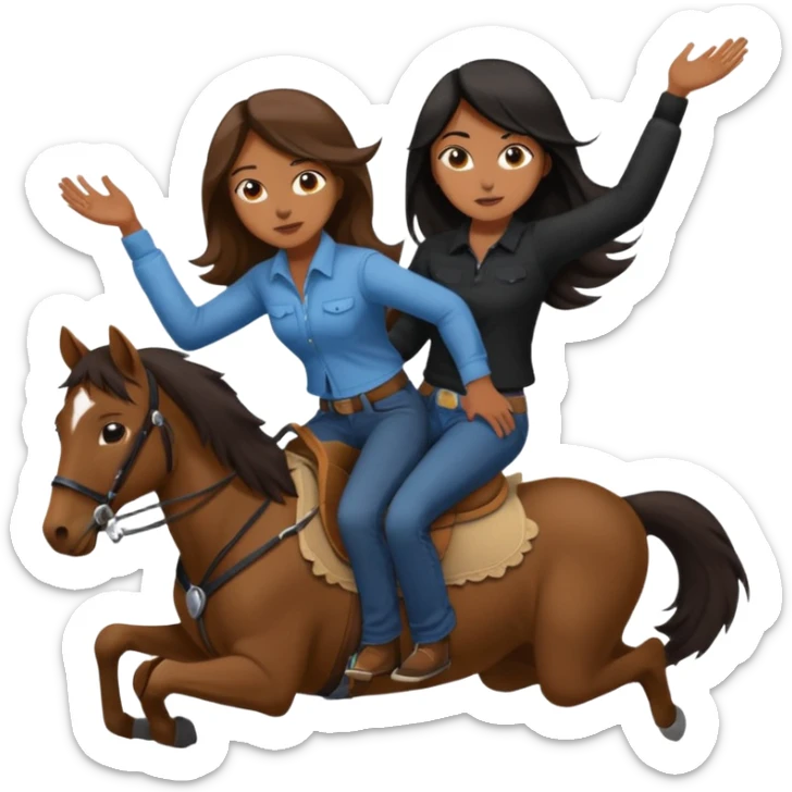 A tan girl with long brown hair riding a brown skinned boy with black hair in reverse cowgirl sticker