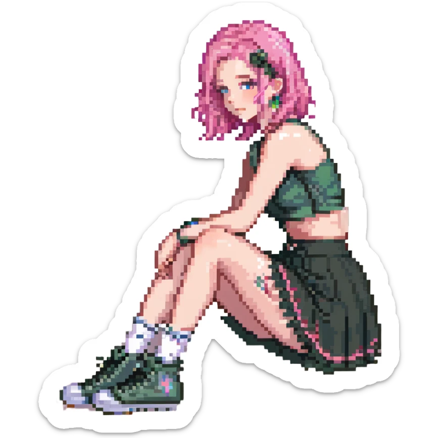 A girl with pink hair, wearing a skirt, sitting sideways on her leg, wearing a crop top, pastel colors sticker