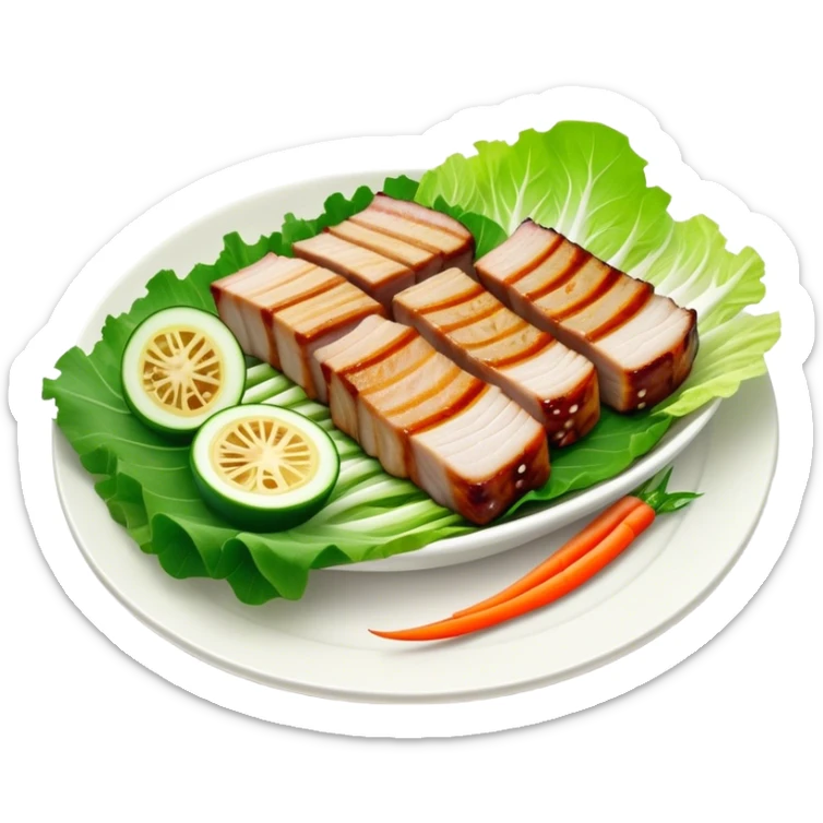 Samgyeopsal Cinematic Realistic Samgyeopsal Dish Emoji, depicted as slices of grilled pork belly served in crisp lettuce leaves with assorted fresh vegetables, rendered with dynamic textures and appetizing, natural lighting. sticker