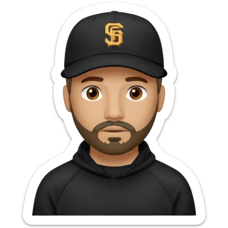 Hombre con la cara oculta, con barba fina y perilla, gorra negra de baseball bordada con un 08, y sudadera negra sticker