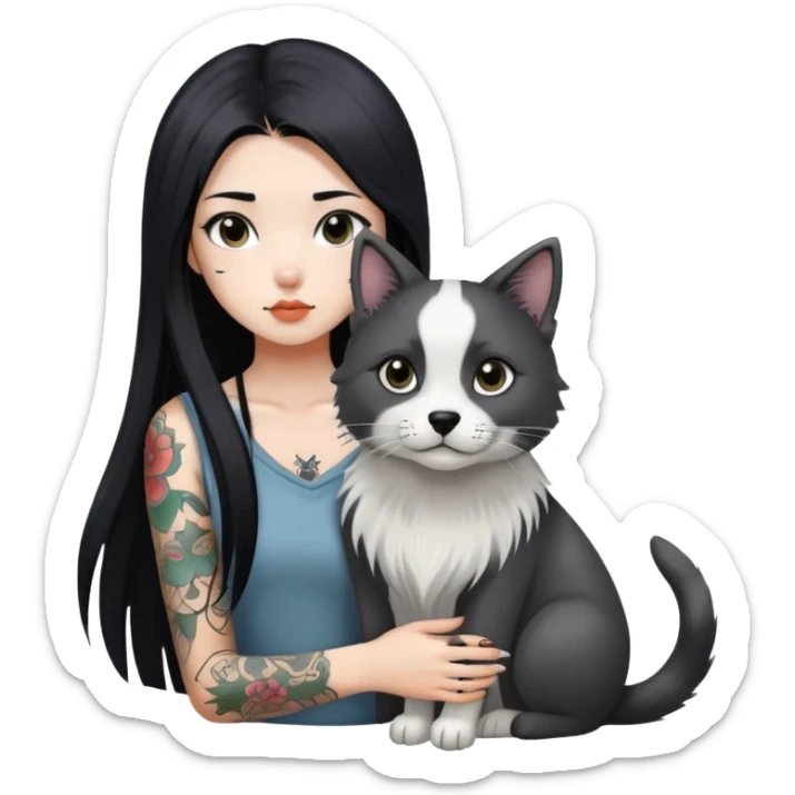a Chinese girl with long black  straight hair and tattoos and A grey border collie and a black round faced cat sticker