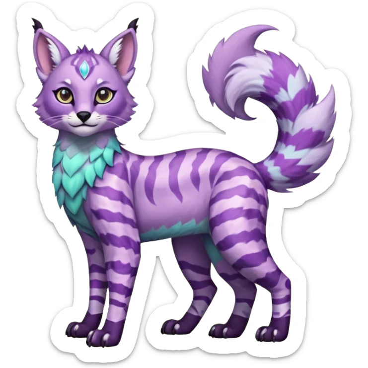 Colorful furry happy cute floofy pale minty lilac onyx fruity glorious exotic neon vibrant zigzagged fantasy-caracal-civet-genet-sergal-vernid-Gryphon-Cacomistle-Trico-oncilla-animal-Fakémon-hybrid-fursona (full body), facial markings, (realism style) sticker