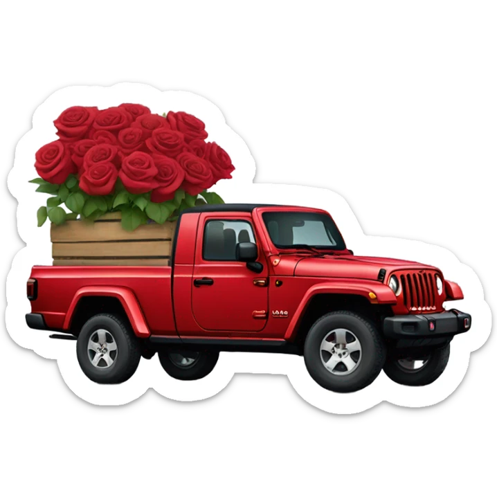 Realistic Red Jeep Gladiator with the truck bed full of roses. sticker