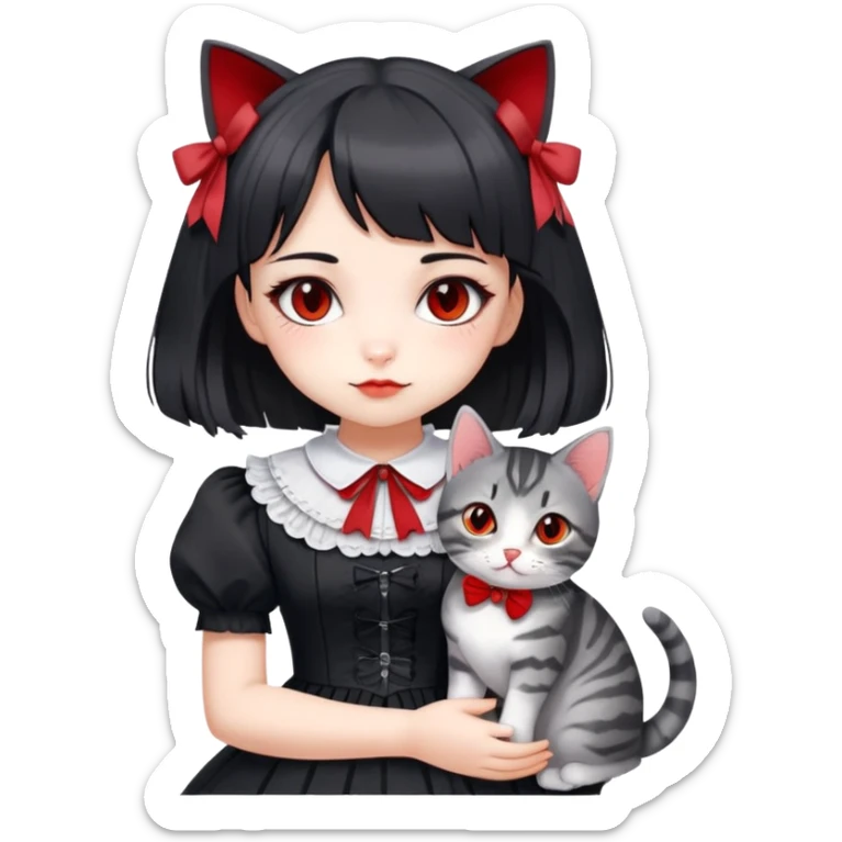 girl wearing black Lolita style dress, with medium-length black hair with red tips, and a gray American Shorthair tabby cat sticker