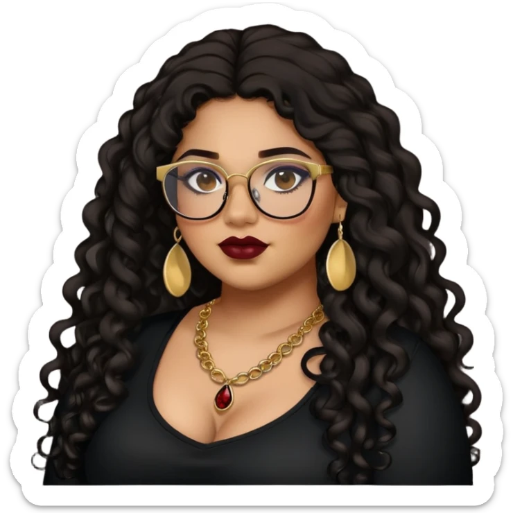 teen big plus size, latina, darker tan skin, gold jewelry, long black curly hair, baddie,pretty, makeup, dark red lipgloss, black eyeliner, long hair, black top, black glasses sticker