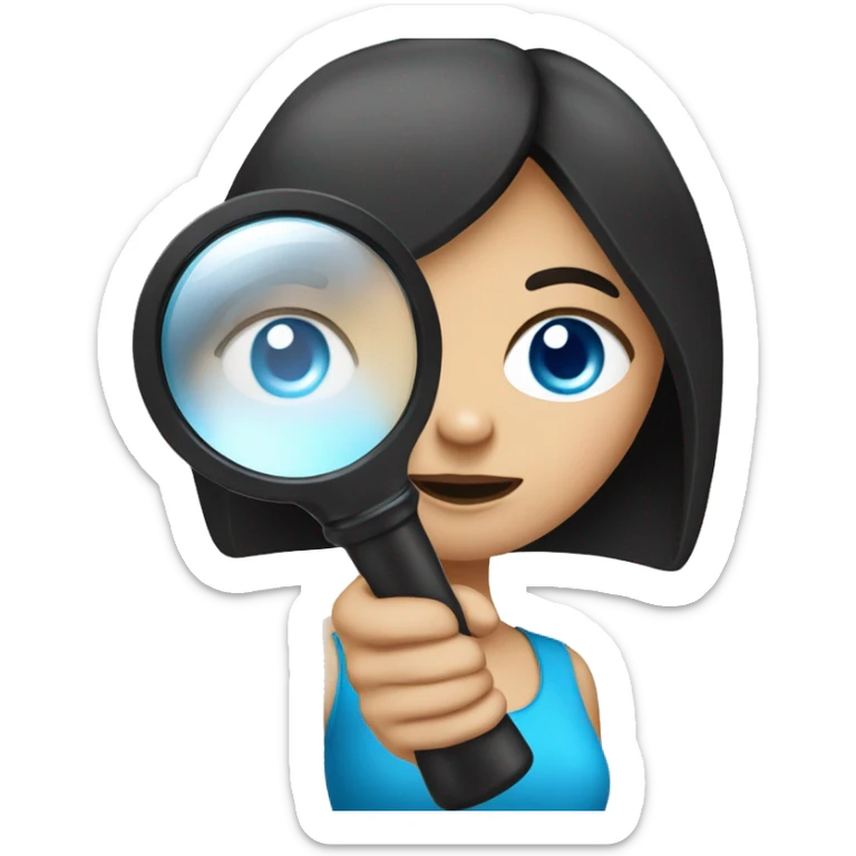 white girl with black hair and blue eyes playing with magnifying glass sticker