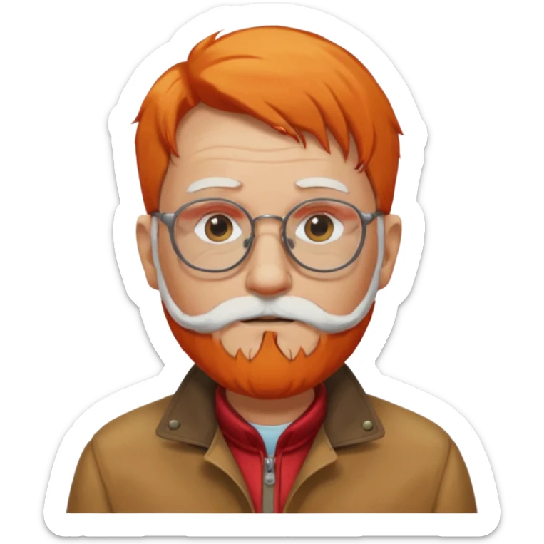 old man, orange hair, white beard, wearing glasses, long face, wearing a red jacket sticker