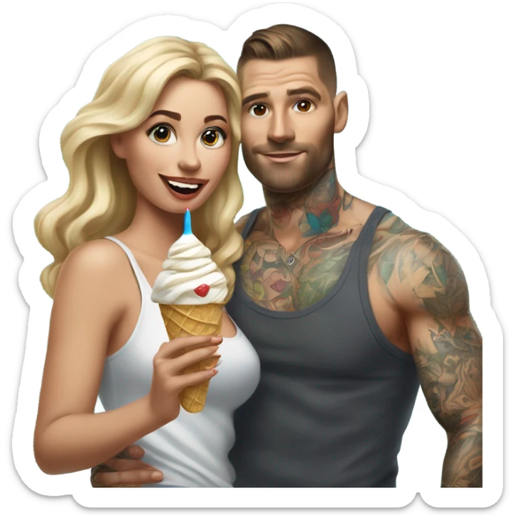 Hyper Realistic beautiful woman in the arms of a very handsome tattooed man eating ice cream  sticker