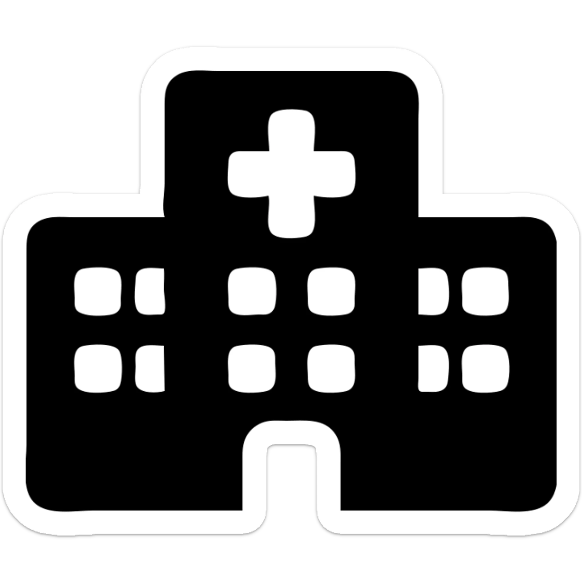 hospital building, clean and modern, medical cross sign, simple icon style sticker