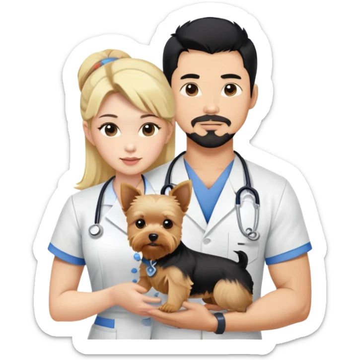 Blonde nurse and tDark haired Korean Asian handsome muscular man with black pointy hair full goatee.   Holding one blonde yorkie.  sticker