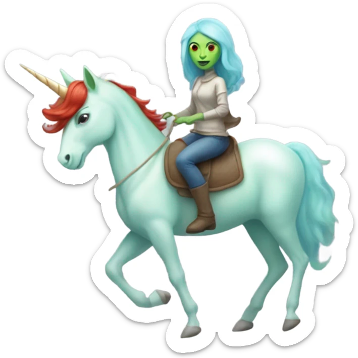 [politically incorrect
	{ woman: alien, color: light green, hair:red, eyes:cat} ]
	on a 
	[{ unicorn: white, legged:four, mane: light blue }] sticker