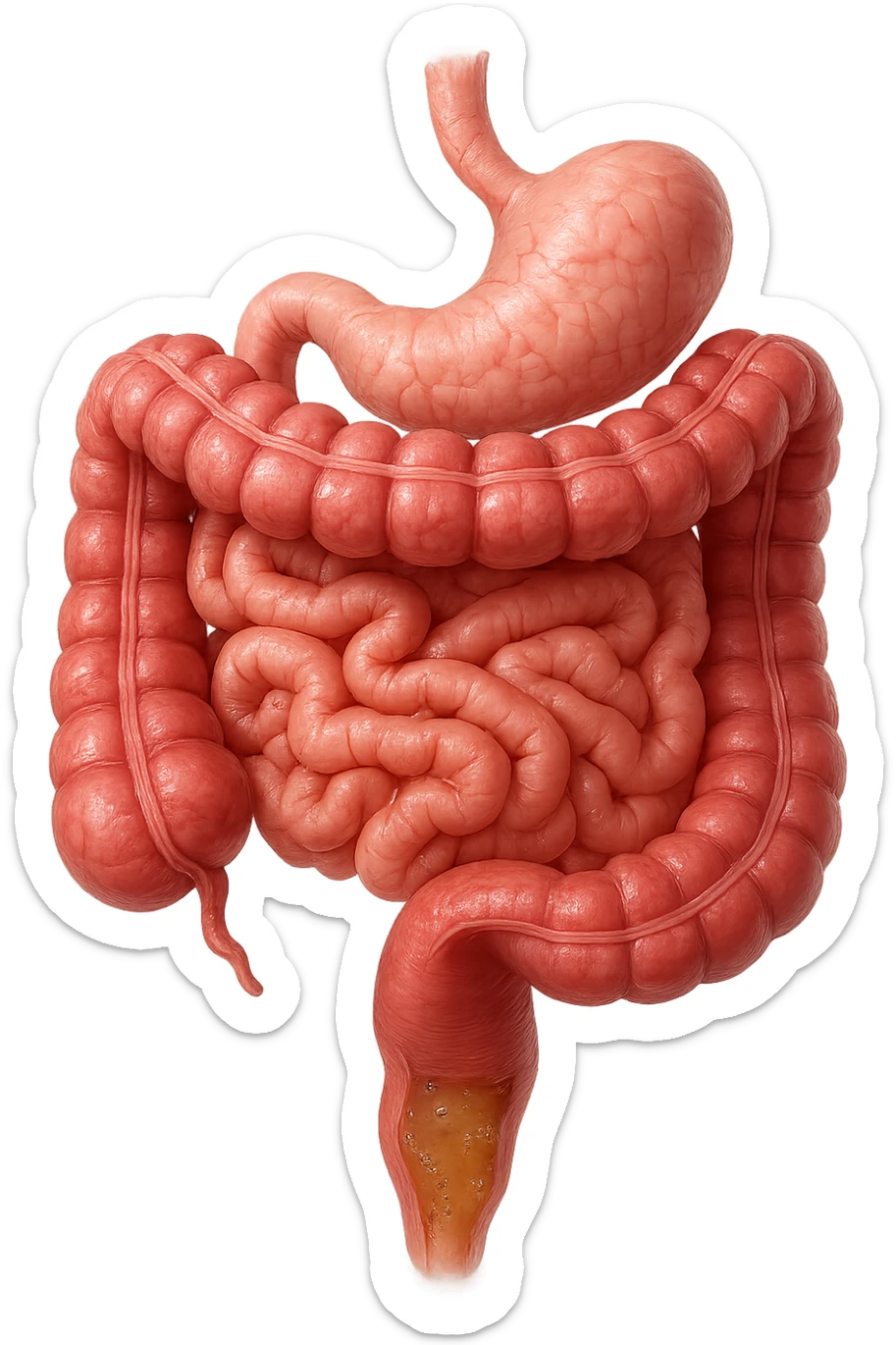 intestino anatomico umano affetto da gastroenterite, diarrea liquida nel colon ben visibile, iperrealistico 4k sticker