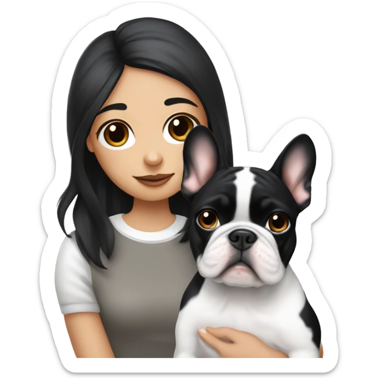 A black-haired girl with white strands near her face holds a French bulldog in her hands, whose muzzle is black and has a white stripe in the middle sticker