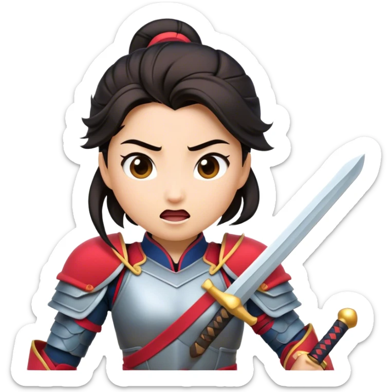 Cinematic Funny Mulan Portrait Emoji, Wearing her training armor too big, looking surprised as a sword nearly topples her over, a mix of warrior determination and hilarious inexperience, a comical yet endearing moment in her transformation! sticker